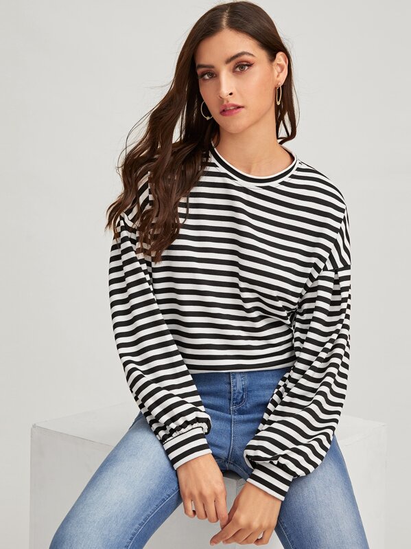 

Drop Shoulder Lantern Sleeve Striped Pullover, Black and white, GG