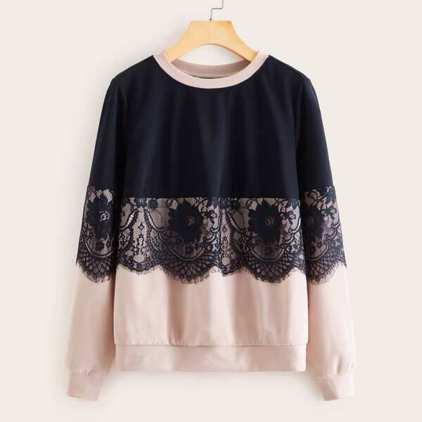 

Eyelash Lace Trim Two Tone Sweatshirt, Multicolor