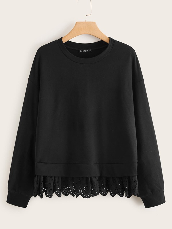 

Plus Drop Shoulder Schiffy Ruffle Hem Sweatshirt, Black