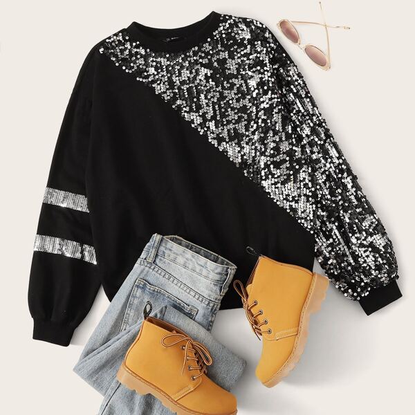 

Drop Shoulder Contrast Sequin Pullover, Black