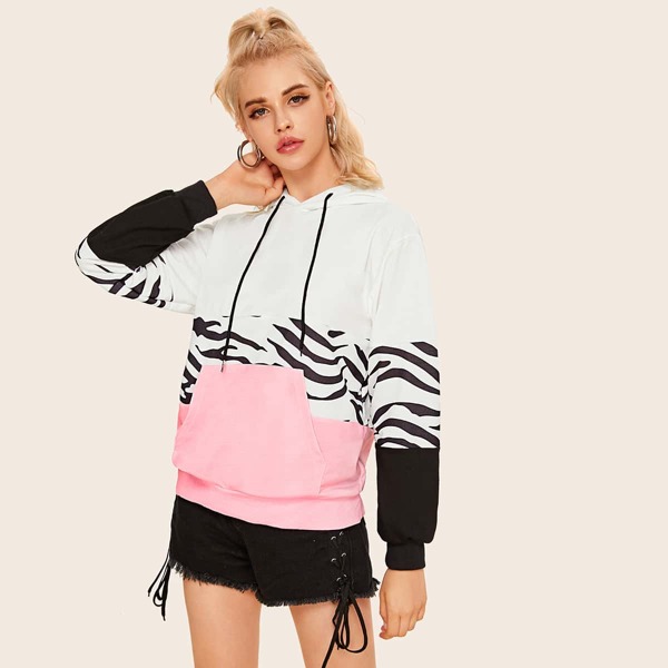 

Zebra Stripe Color-Block Drawstring Hoodie, Multicolor