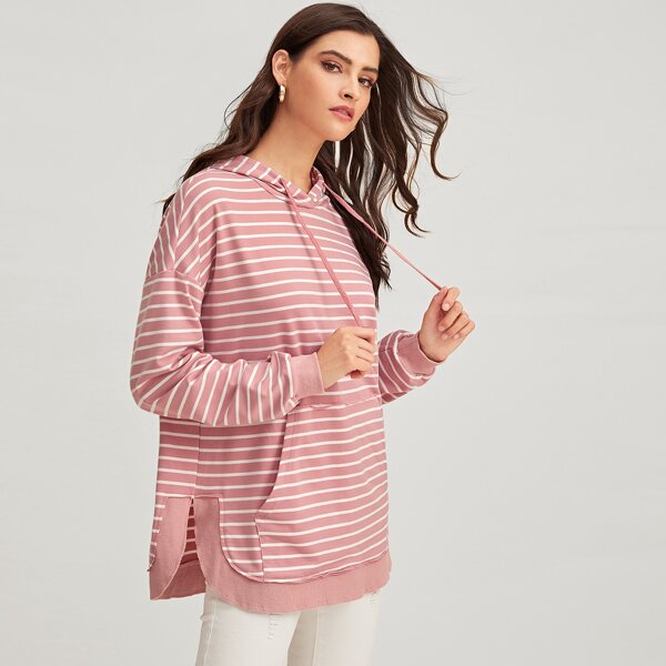 

Kangaroo Pocket Curved Hem Striped Hoodie, Pink pastel
