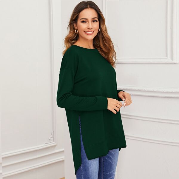

Split Side Dip Hem Pullover, Green