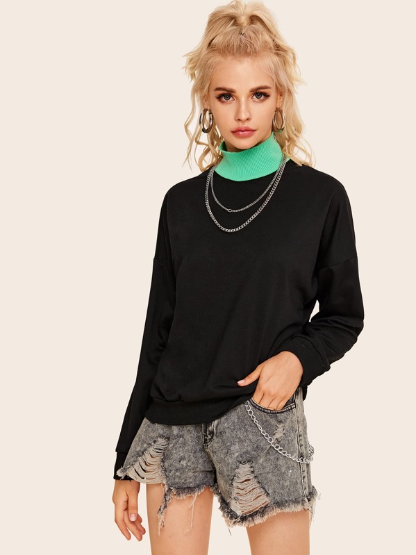 

Color-Block High Neck Long Sleeve Sweatshirt, Black, Kisa