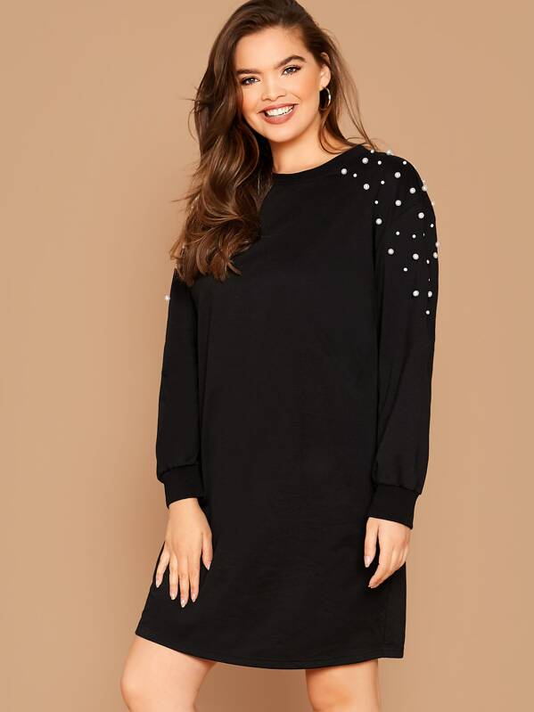 

Plus Pearl Beaded Sweatshirt Dress, Black, Faith Bowman