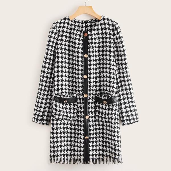 

Patch Pocket Front Frayed Hem Houndstooth Tweed Dress, Black and white