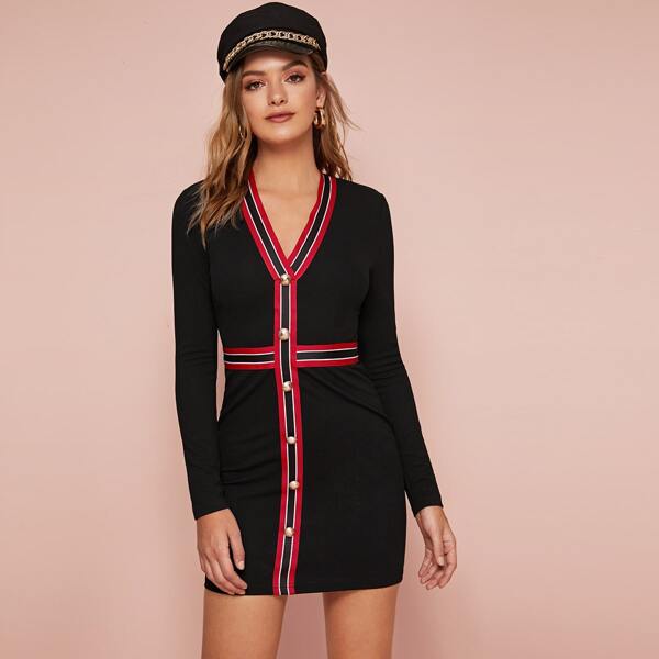 

Striped Tape Trim Button Front Bodycon Dress, Black