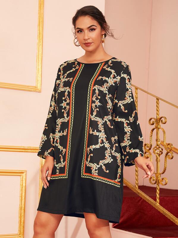 

Plus Scarf Print Dress, Black, Ruiz Brianna