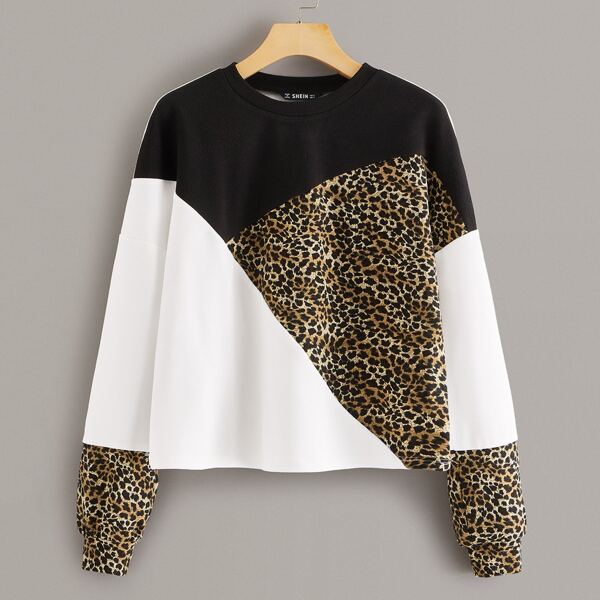 

Leopard Print Cut-and-sew Pullover, Multicolor