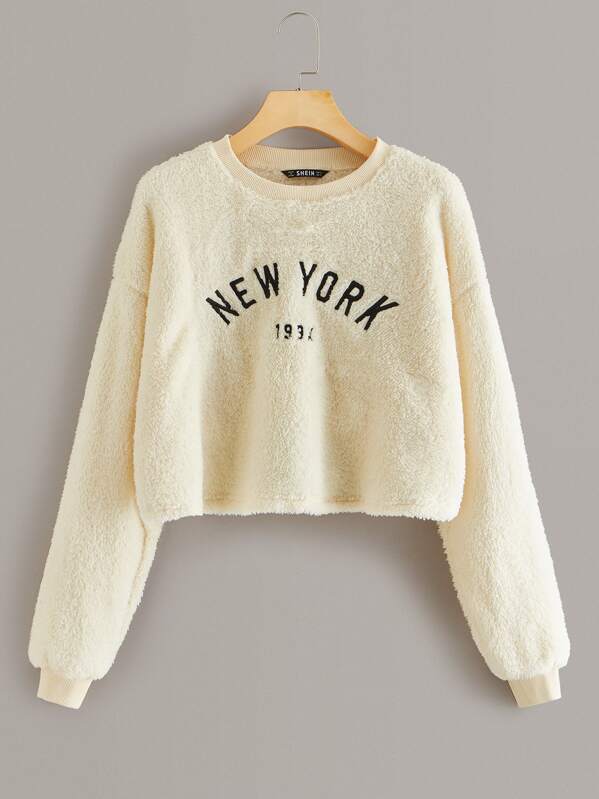 

Drop Shoulder Letter Embroidered Teddy Pullover, Beige