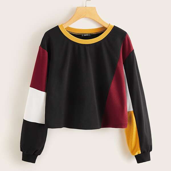 

Contrast Neck Cut-and-sew Pullover, Black