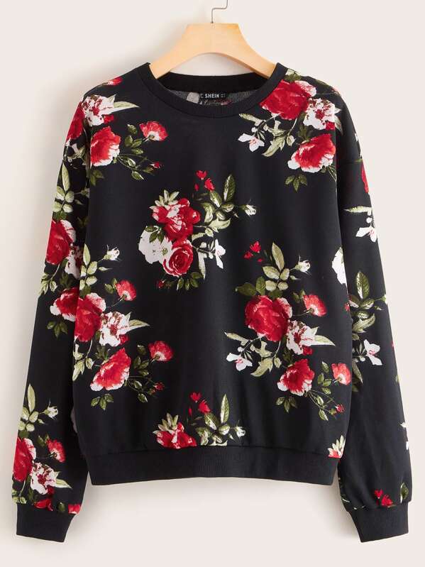 

Floral Print Pullover, Black