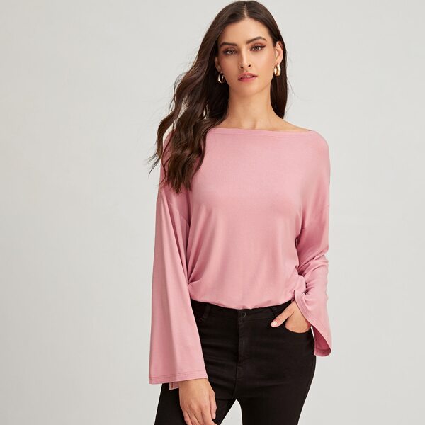

Boat Neck Split Bell Sleeve Tee, Pink pastel