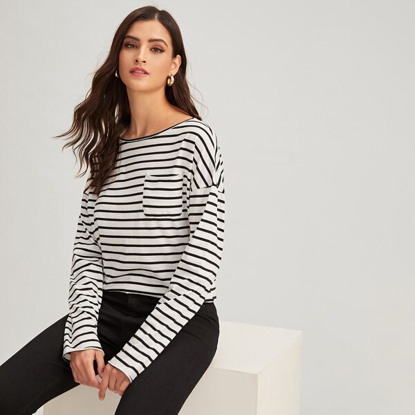 

Single Pocket Drop Shoulder Striped Tee, Black and white