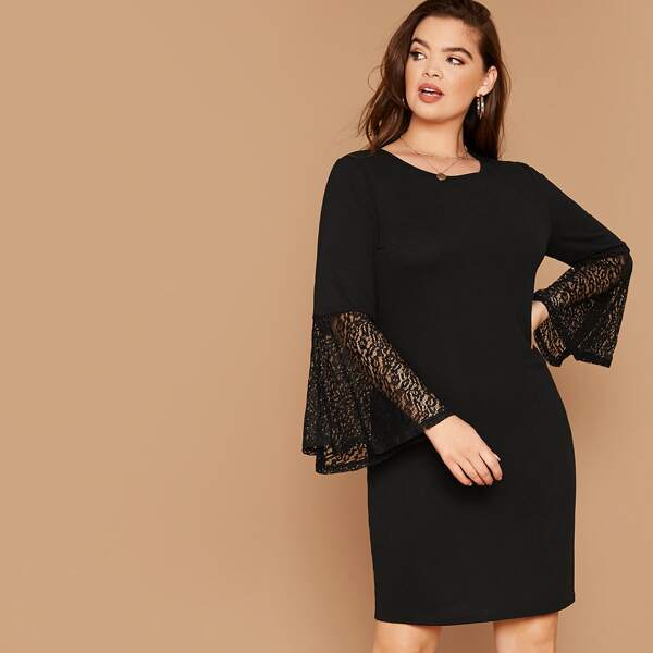 

Plus Lace Bell Sleeve Dress Without Belt, Black