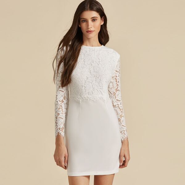 

Premium Zipper Back Lace Bodice Bodycon Dress, White