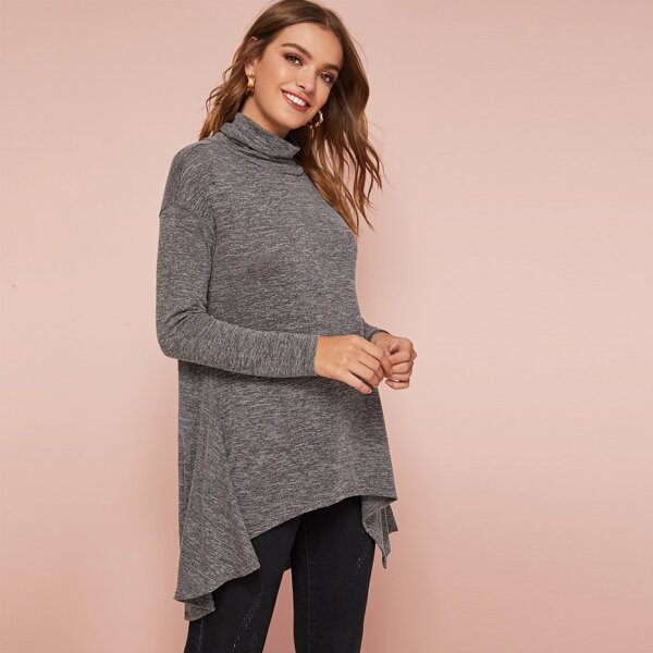 

Cowl Neck Drop Shoulder Asymmetrical Hem Marled Top, Grey