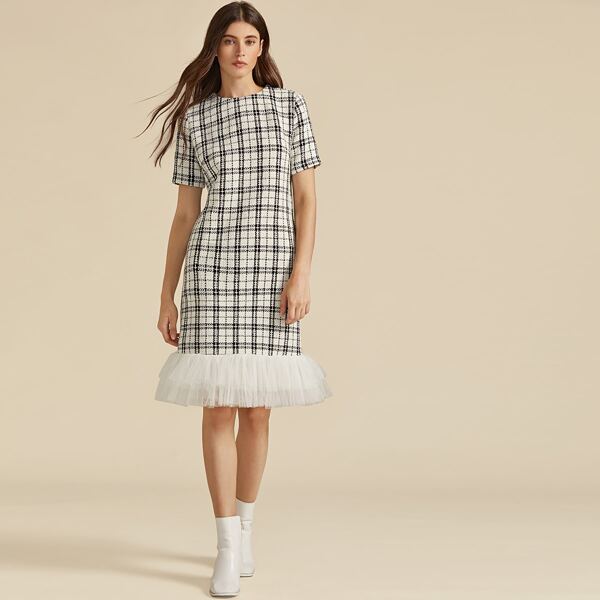 

Premium Layered Mesh Hem Plaid Tweed Dress, Black and white