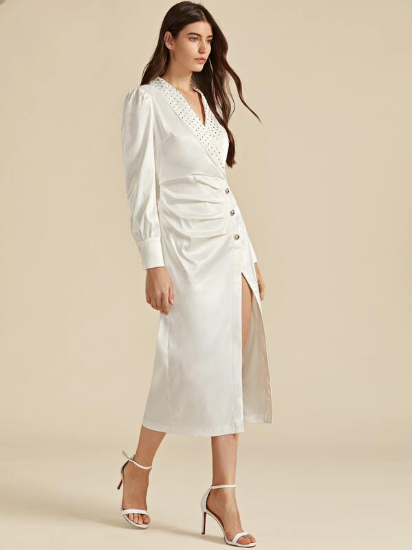 

Premium Rhinestone Shawl Collar Split Thigh Satin Dress, White, Mila