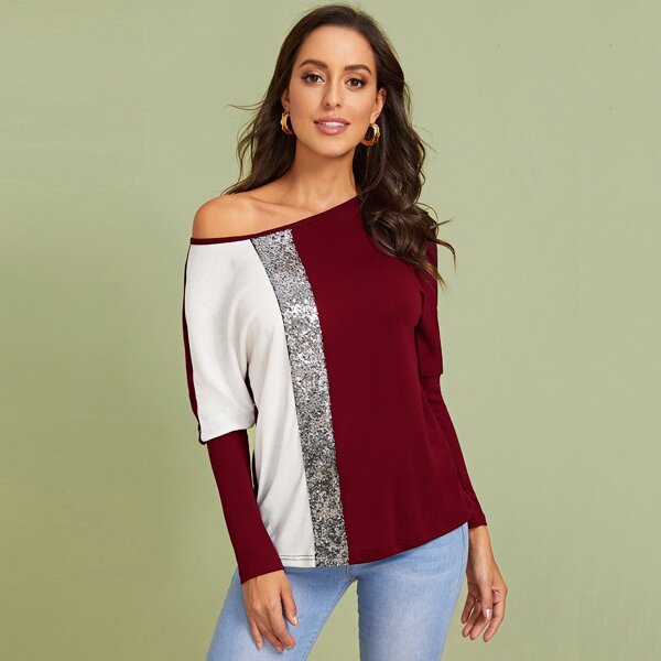 

Dolman Sleeve Colorblock Sequin Detail Tee, Burgundy