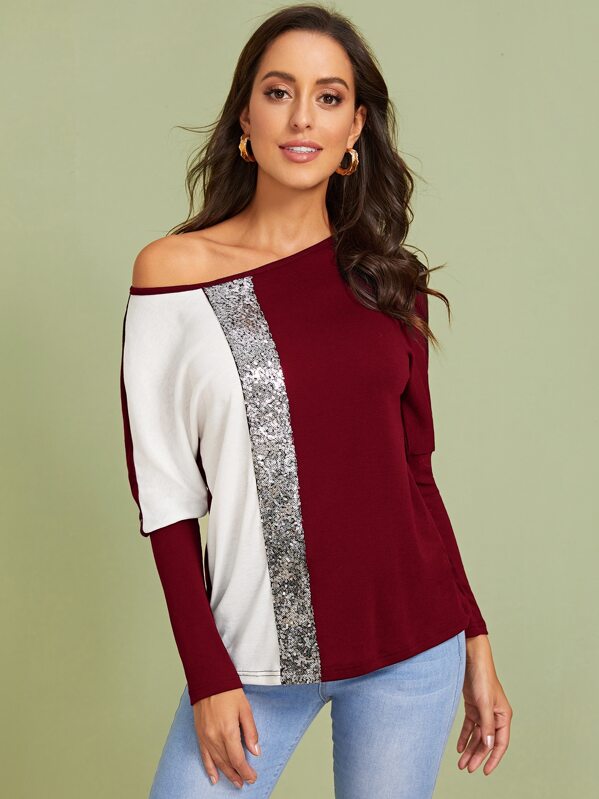 

Dolman Sleeve Colorblock Sequin Detail Tee, Burgundy, Mary P.