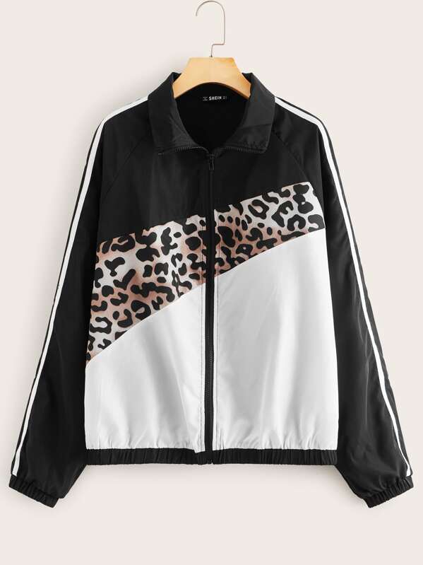 

Leopard Print Striped Side Colorblock Wind Jacket, Multicolor, Gabe