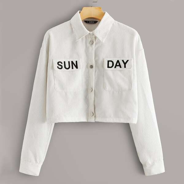 

Embroidered Detail Cord Crop Trucker Jacket, White
