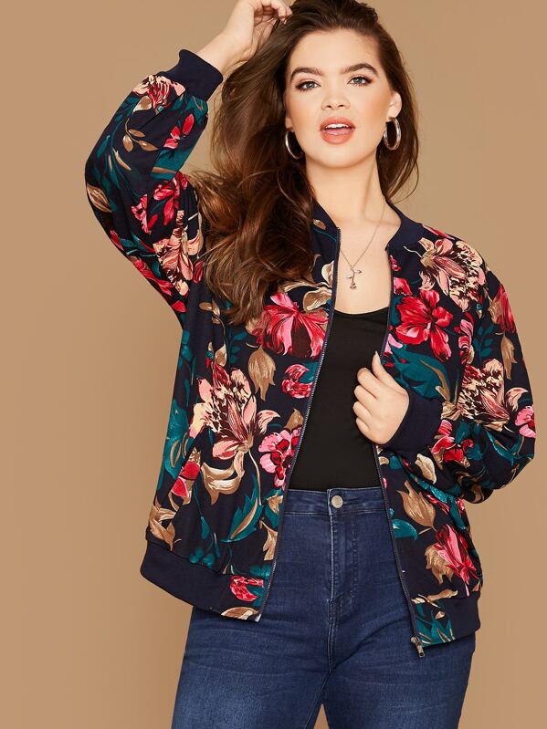 

Plus Floral Print Zipper Up Bomber Jacket, Multicolor, Faith Bowman
