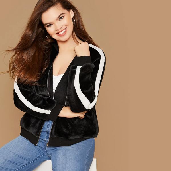 

Plus Striped Side Teddy Jacket, Black