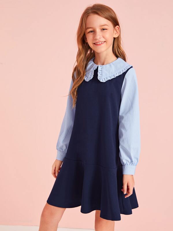 

Girls Frill Trim Striped Colorblock Dress, Navy, Sashab