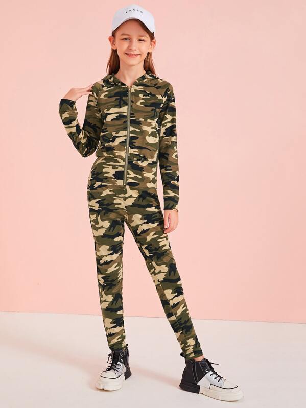 

Girls Camo Print Zipper Front Hooded Jumpsuit, Multicolor, Sashab