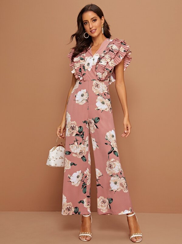 

Layered Pleated Trim Floral Print Wide Leg Jumpsuit, Pink, Mary P.
