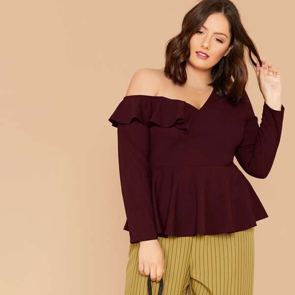 

Plus Asymmetrical Neck Ruffle Trim Top, Burgundy