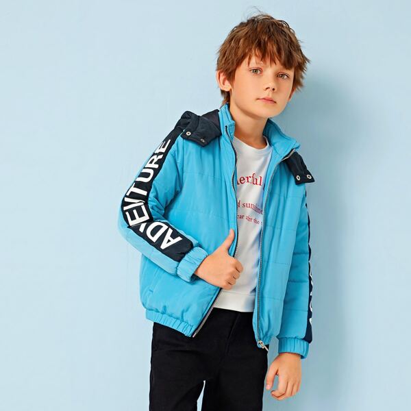 

Boys Letter Graphic Contrast Hooded Padded Jacket, Bright mint blue
