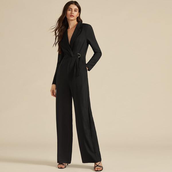 

Premium Surplice Wrap D-ring Belted Blazer Jumpsuit, Black