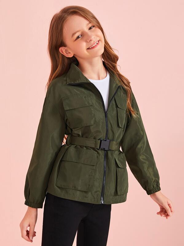 

Girls Flap Pocket Zipper Up Wind Jacket, Army green, Sashab