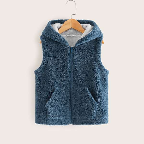

Girls Patch Pocket Zipper Up Teddy Vest, Blue