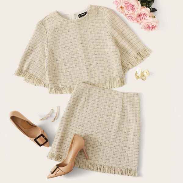 

Frayed Crop Tweed Top & Bodycon Skirt Set, Beige pastel