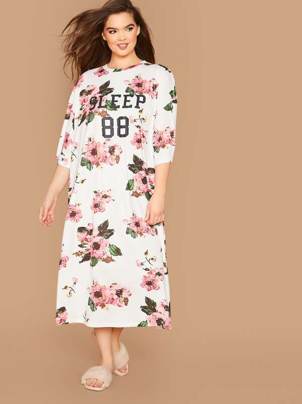 

Plus Drop Shoulder Floral & Letter Graphic Nightdress, White, Faith Bowman