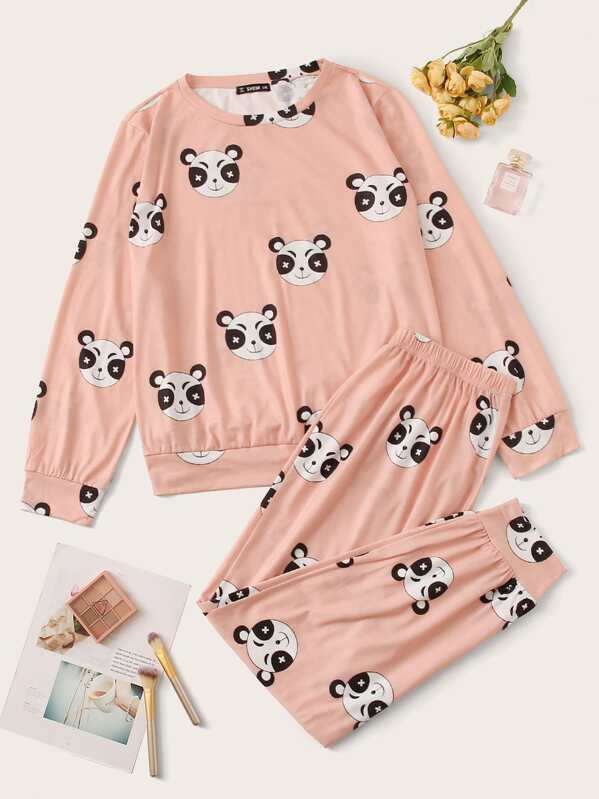 

Plus Panda Print Top & Pants PJ Set, Pink