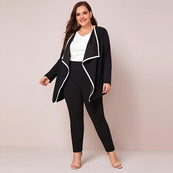 

Plus Contrast Binding Waterfall Coat & Pants Set, Black