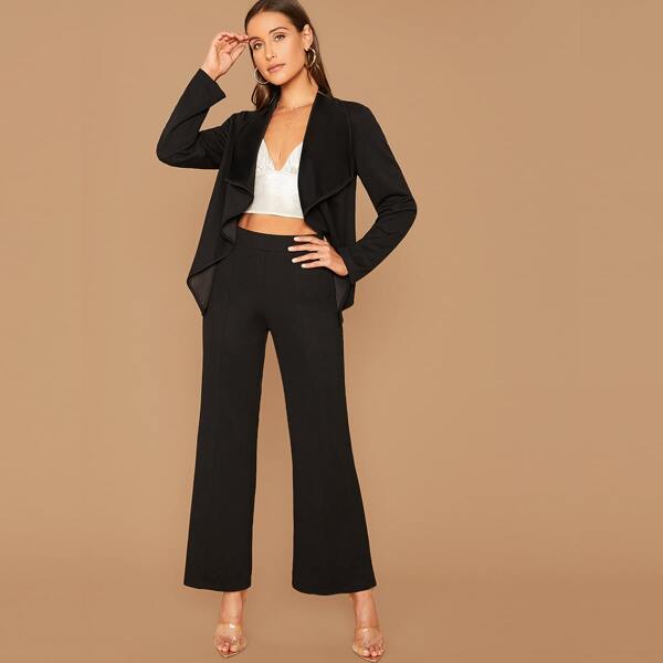 

Waterfall Collar Blazer and Wide Leg Pants Set, Black