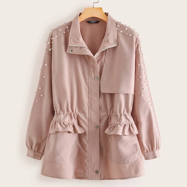 

Ruffle Trim Pearls Beaded Coat, Pink pastel