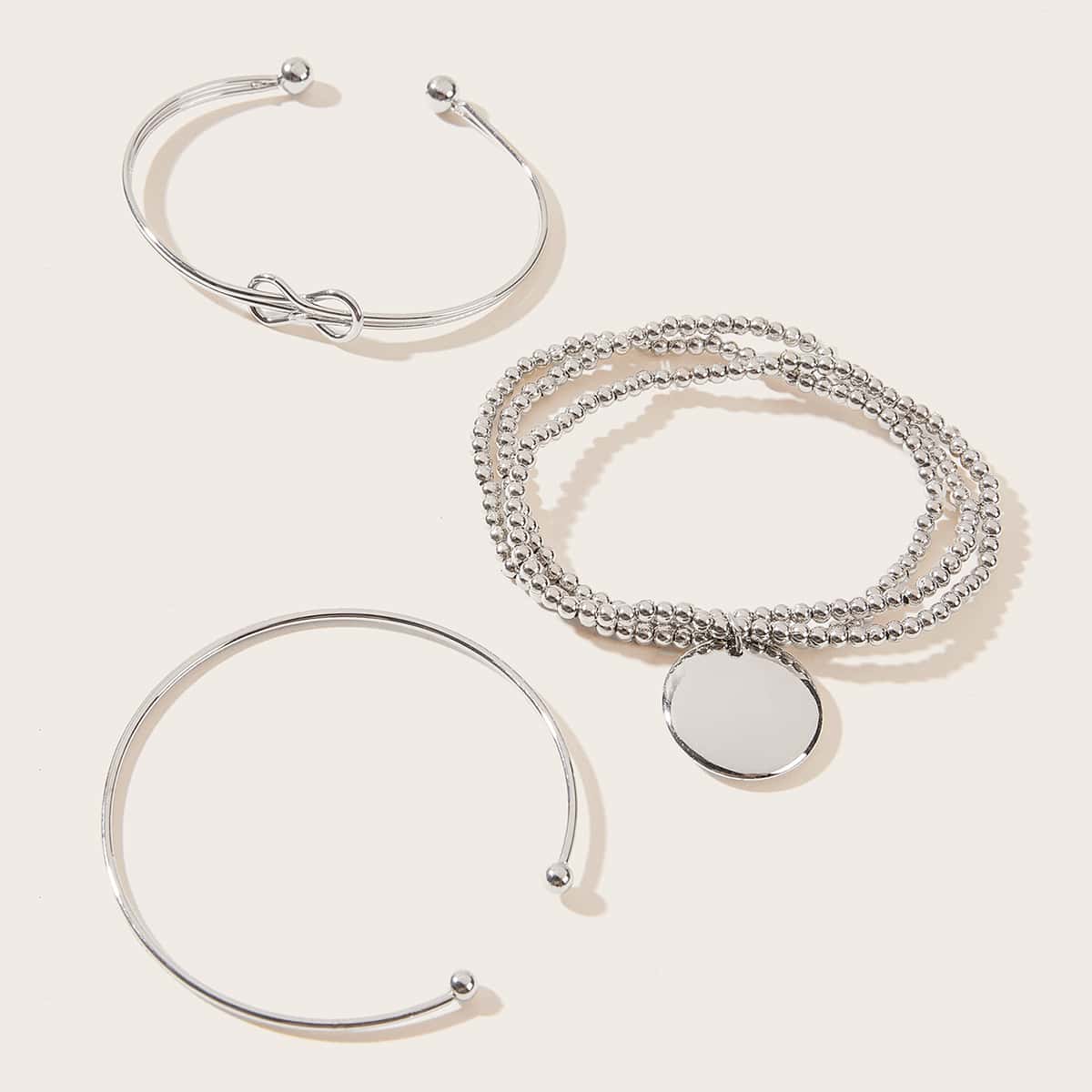 

3pcs Round & Knot Decor Bracelet, Silver