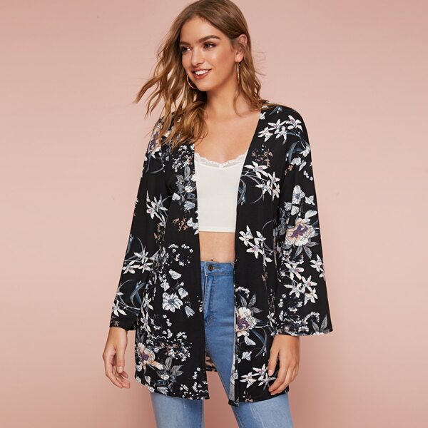 

Open Front Floral Print Coat, Black