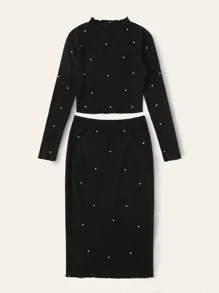 SHEIN Unity Pearl Beaded Lettuce Edge Rib-knit Tee and Pencil Skirt Set - Black - View 3