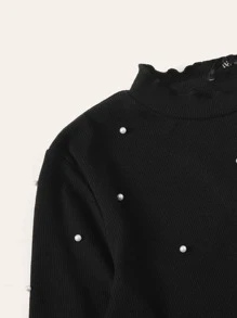 SHEIN Unity Pearl Beaded Lettuce Edge Rib-knit Tee and Pencil Skirt Set - Black - View 4