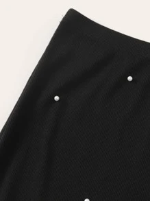 SHEIN Unity Pearl Beaded Lettuce Edge Rib-knit Tee and Pencil Skirt Set - Black - View 5