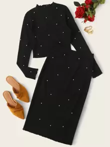 SHEIN Unity Pearl Beaded Lettuce Edge Rib-knit Tee and Pencil Skirt Set - Black - View 1