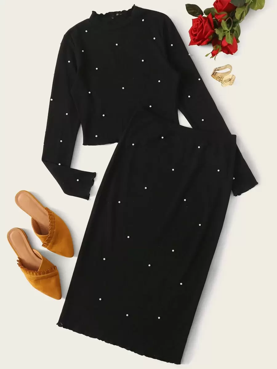 SHEIN Unity Pearl Beaded Lettuce Edge Rib-knit Tee and Pencil Skirt Set - Black - View 1